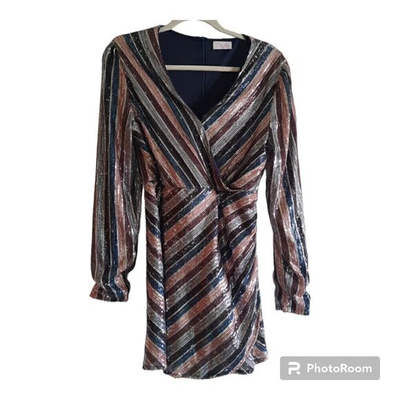 Pink Lily Multi Sequin Faux Wrap Long Sleeve Mini Cocktail Party Dress - Picture 1 of 5